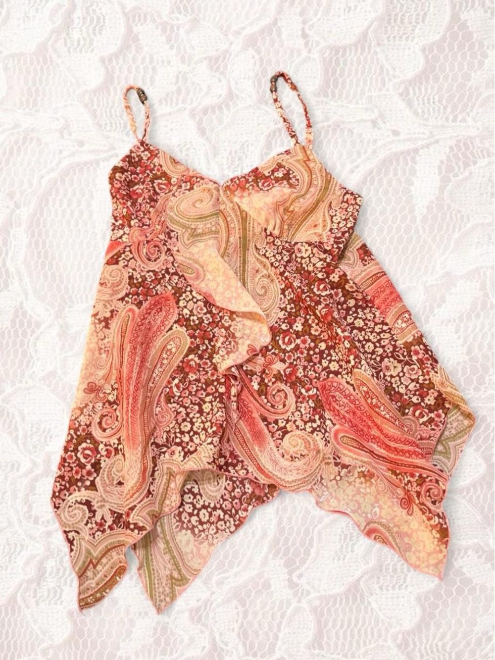 Paisley Print Handkerchief Hem Cami Top - Rust Pink